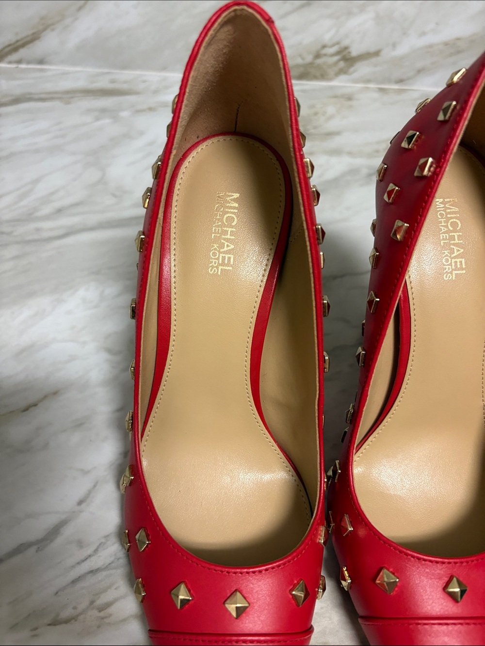 Michael Kors Red Leather Studded Pointed Pumps - Picture 6 of 8